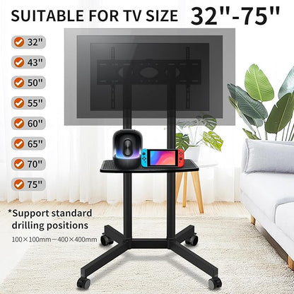 Solid Grace Rolling TV Stand with Wheels for 32-75 Inch TVs up to 88lbs, Portable TV Stand with Shelf, Mobile TV Cart for Living Room, Office, Meeting Room, Outdoor（MT2007 Upgrade Version）