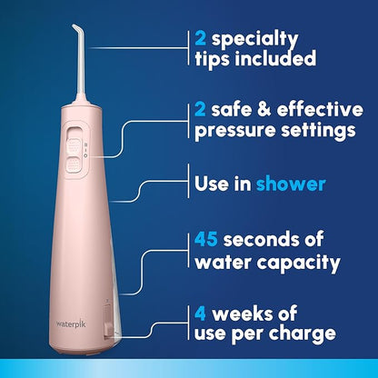 Waterpik Cordless Pulse Rechargeable Portable Water Flosser for Teeth, Gums, Braces Care and Travel with 2 Flossing Tips, Waterproof for Shower Use, ADA Accepted, WF-20 Pink, Packaging May Vary