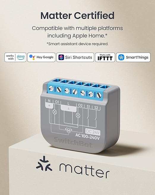 SwitchBot Smart Relay Switch 2PM, Power Metering, Dual Light Control, Built-in Bluetooth Repeater, Wi-Fi & Bluetooth Switch Compatible with Alexa/Apple Home/Google Home/Matter Hub Required, 2.4GHz