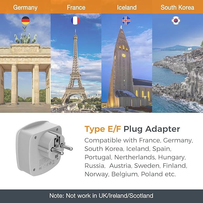 TESSAN Germany France Power Adapter, Schuko Type E/F Plug Adaptor with 2 USB Ports 2 AC Outlets, US to Europe German Frence Spain Iceland Russia Greece Korea Electrical Charger(2 Pack)