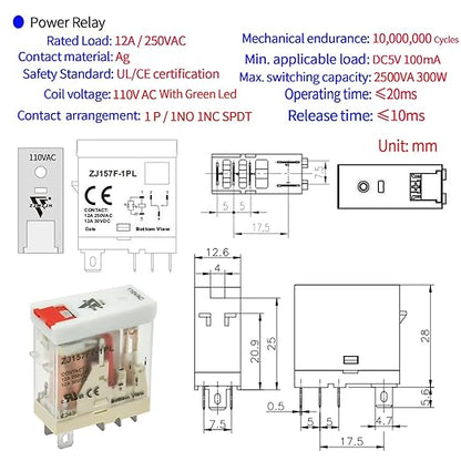12 Amp Power Relay Switch Electromagnetic with Test Button 110V 120V SPDT 1NO 1NC Socket Base with Indicator Light, UL Certification (5 Pin- 12A, AC 110V)