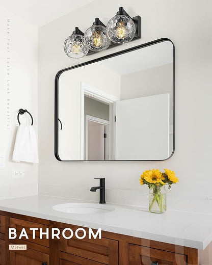 METWET Bathroom Light Fixtures Over Mirror, 3-Light Matte Black Vanity Light with Clear Hammered Glass Globe Shade, Modern Sconces Wall Lighting for Bedroom Hallway, VL200-MB-3