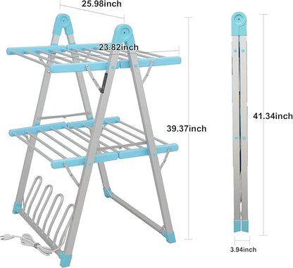 SHARNDY Electric Heated Clothes Drying Rack,Foldable Heated Garment Dryer with Timer Shut-Off Laundry Rack for Clothes Shoes Socks,Aluminum Alloy,Blue,Plug & Play,(39.37x25.98x23.82in)