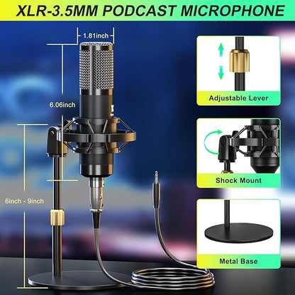 Podcast Microphone Bundle with Live Sound Card Audio Mixer, Podcast Equipment Bundle Sound Board with 3.5mm Condenser Microphone(P15) for Pc/Phone Live Streaming Singing Gaming,Voice Changer, Denoise