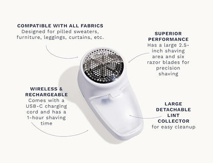 Nori Trim Fabric Shaver - Lint Remover for Clothes & Furniture Couch Pilling - Sweater Pill Remover - Clothes Shaver with 6 Precision Blades - Wireless and Rechargeable - White