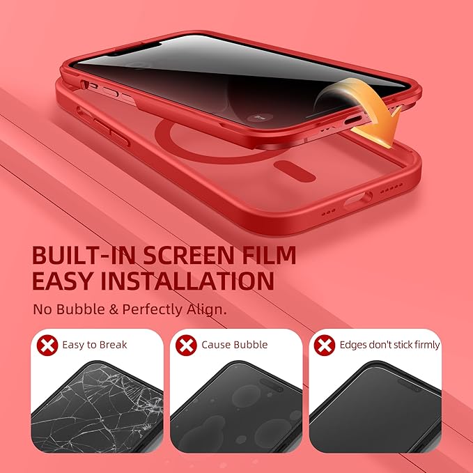 BERFY Magnetic for iPhone 14 Case, Compatible with MagSafe, Built-in Privacy Screen Protector and Upgraded Camera Protection, Anti-Spy Full Body Shockproof Phone Case for 14 6.1", Red