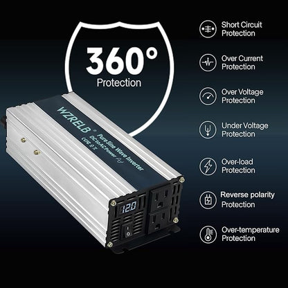 WZRELB 1000W Pure Sine Wave Inverter 12V DC to 110V 120V AC Power Converter with LED Display, Off-Grid Portable Power Inverter with 2 AC Outlets for Home, RV, Truck, Camping