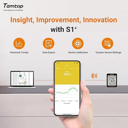 Temtop Smart Air Quality Monitor - Indoor Air Quality Meter with PM2.5, AQI, Temperature and Humidity Detector for Home, Office or School, App Connectivity, OTA Updates, 60-Day Battery Life