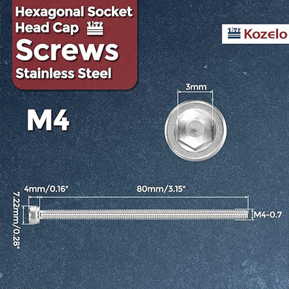 Kozelo 25pcs Socket Head Cap Screws - [M4-0.7 x 80mm] 304 Stainless Steel Allen Socket Drive for Electrical Motor 3D Printing Fan Engine Replacement Use, Silver