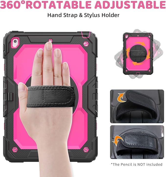 BLOSOMEET Case for iPad 9th Generation 2021 10.2 Inch with Tempered Glass Screen Protector & Pencil Holder,Protective Kids iPad 7th/8th Gen Cover 2020 2019 w/Stand Hand Shoulder Strap,Rosered