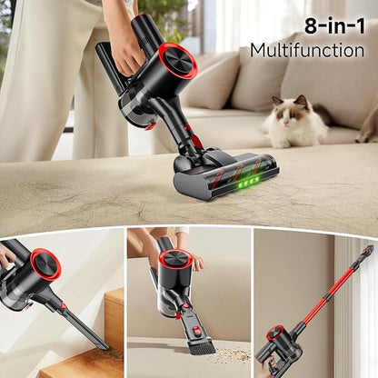 Clinkal Cordless Stick Vacuum Cleaner, 38Kpa Powerful Suction Vacuum Cleaner with LED Headlight, Detachable Battery, 8-in-1 Lightweight Handheld Vacuums for Pet Hair Carpet and Hardwood Floor, Red
