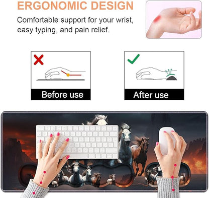Ergonomic Keyboard Wrist Rest & Mouse Pad Wrist Rest Set, Large XXL Gaming Desk Mat 31.5"x 11.8" with Non-Slip Base, Memory Foam, Easy Typing Pain Relief for Home & Office, Running Horses