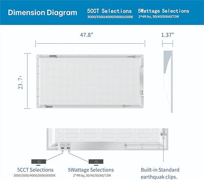 2x4 FT LED Light Flat Panel, 40-72W, 5 CCT 3K | 3.5K | 4K | 5K | 6.5K, Dimmable Recessed Drop Ceiling Lights, 3750/5000/6250/7500/9000 Lumens, Lay in Fixture for Office, 120-277V, UL DLC(72 Pack)