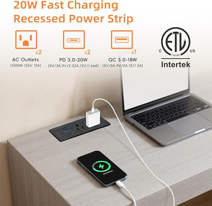 Recessed Power Strip USB, 20W Fast Charging Furniture Outlet - 2 AC & 3 USB (2 USB-C + 1 USB-A) for Desk, Bedside, Drawer, Conference Table - Space-Saving, Easy Install, 6FT Cord, Black