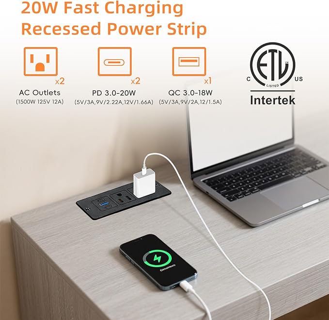 2 Pack Recessed Power Strips USB, 20W Fast Charging Furniture Outlets - 2 AC & 3 USB (2 USB-C + 1 USB-A) for Desk, Bedside, Drawer - Space-Saving, 10FT Cord, Black