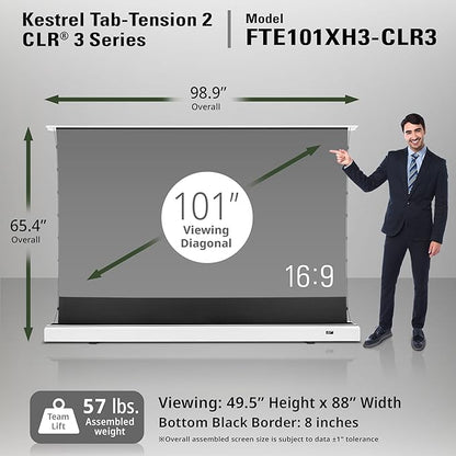 Elite Screens Kestrel Tab-Tension 2 CLR3, 101" 16:9, Ultra-Short Throw Ceiling Ambient Light Rejecting (CLR/ALR) Electric Floor-Rising Motorized Front Projector Screen,White Casing, FTE101XH3-CLR3