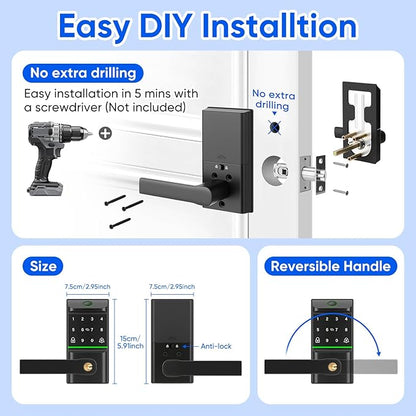 Keypad Smart Door Lock with Handle, Keyless Entry Deadbolt for Front Door, Smart Auto Lock Deadbolt with Phone/Watch App Control, Biometric Fingerprint Gate Handle with 7 Ways to Unlock