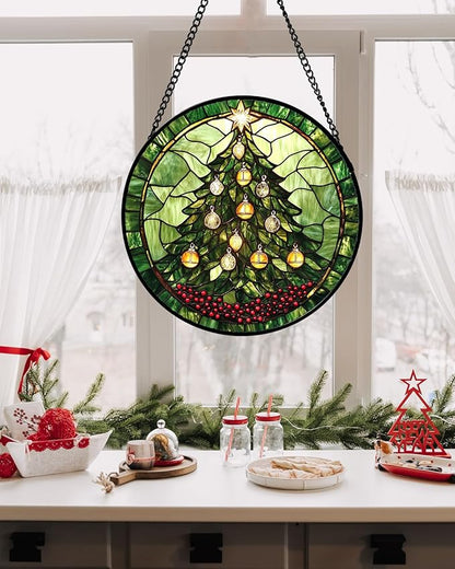 DASTOLL Stained Glass Window Hanging - Green Christmas Tree Golden Bells Suncatcher for Doors Home Christmas Decoration Sun Catcher Thanksgiving New Year Birthday Gift for Women Men Mom Nana 11.8 in