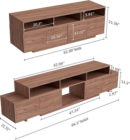Extendable TV Stand for 65-100 Inches TVs - Walnut Entertainment Console with 2 Cabinets, 3 Open Compartments & 1 Adjustable Shelf, Cable Management, Adjustable Length 63''-94.5'' (Walnut, 63"-94.5")