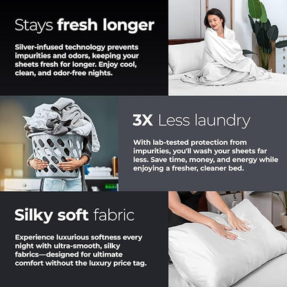 Silvery Silver Infused Bed Sheets Set - Award-Winning Self-Cooling Fabric with Self-Cleaning Silvery Technology™ That Stays Fresh 3X Longer for Hygienic Sleep (White, King)