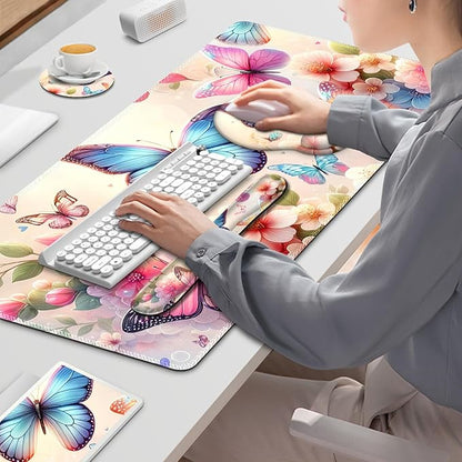 Gaming Mouse Pad, Large Desk Mat, Cute Desk Pad Protector, 4in1 XXL Mousepad + Keyboard Wrist Rest+Mouse Wrist Rest+Coaster Set with Ergonomic Desk Pad for Home Office PC Computer, Butterflies Flowers