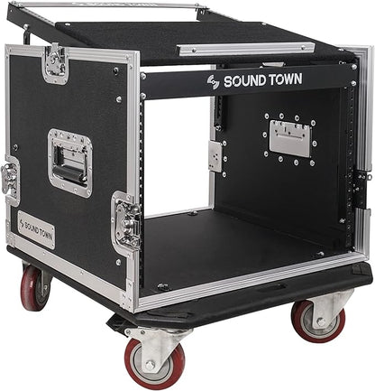 Sound Town Enhanced Thickness 1/2” (12mm) Plywood 8U Audio Rack/Road ATA Case with 11U Slant Mixer Top, 20’’ Rackable Depth, Casters, 8 Space Size, Pro Tour Grade (STMR-8UW)