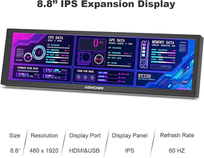 8.8 Inch PC Temperature Display, PC Sensor Panel Display, Computer Temp Monitor, IPS USB Mini Screen, AIDA64 CPU RAM DataTemperature Monitor for ARGB Computer Case Secondary Screen