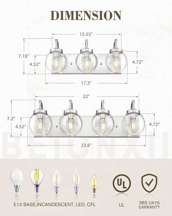 Beionxii 4-Light Bathroom Light Fixtures, Brushed Nickel Bathroom Vanity Light Over Mirror, Modern Vanity Lights with Clear Glass Shade for LivingRoom Hallway, BX-VL03BN-4CG