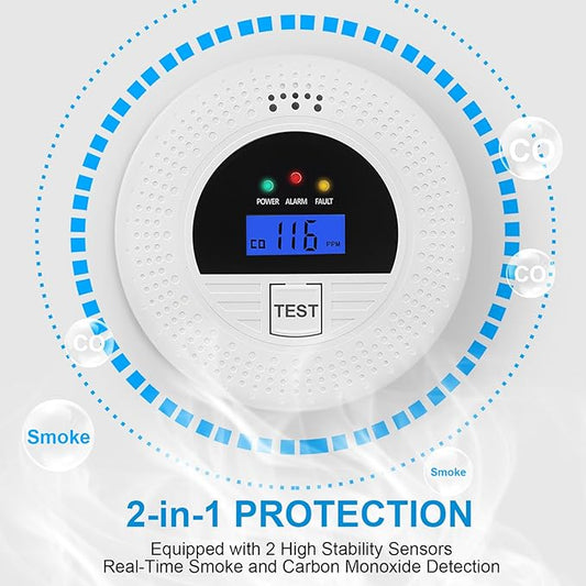 2-Pack, Smoke Alarm and Carbon Monoxide Detector, Carbon Monoxide and Smoke Detectors with LCD Display, Battery Powered, Easy to Install