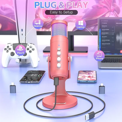 ZealSound USB Gaming Microphone for iPhone PC Type C Phone,Noise Cancellation,K66 RGB Condenser Mic with Controllable Led Lights,Echo,Touch Mute,Monitor,Gain for Podcast,Gaming,Podcasting,ASMR (Pink)