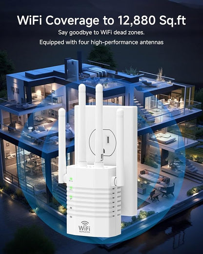 WiFi Extender Supports 105 Devices, 1.2Gbps Home Signal Booster,WiFi Extender Signal Booster with Dual Band 5GHz/2.4GHz, WiFi Booster Up to 12880 Sq.ft, EasyMesh Compatible, One Ethernet Port