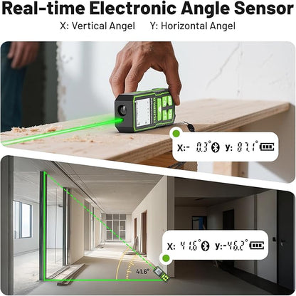 Huepar Professional Green Laser Measuring Tool 196ft, Digital Rechargeable Laser Distance Meter with Angle Sensor, 1/16in Accuracy, M/in/Ft Unit, Pythagorean Mode, Measure Distance, Area, Volume