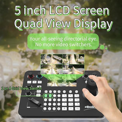 Zowietek PTZ Controller (NDI|HX3 Support) 7D Joystick Keyboard, ZowieKBD, HDMI Output, 5'' LCD Quad-View Real-time Display, Automatic Camera Detection, Group Control, ZowieEcosystem, Tally, Audio Out