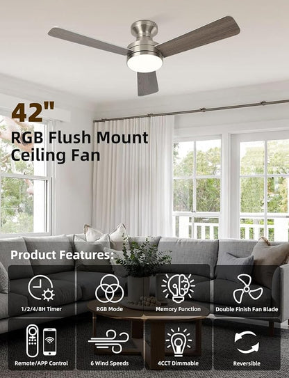 Homlit 42 inch RGB Ceiling Fan with Light, Smart App & Remote Control Low Profile Flush Mount, Music Sync Lighting, 6-Speed Quiet Reversible DC Motor, 4CCT Dimmable for Home Office Party