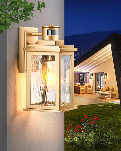 VIANIS 2 Pack Motion Sensor Outdoor Lights Lantern, Dusk to Dawn Exterior Lights for House, Gold Anti-Rust Porch Lights Sconce, Garage Lights Wall Mount for Patio, Doorway, UL Listed