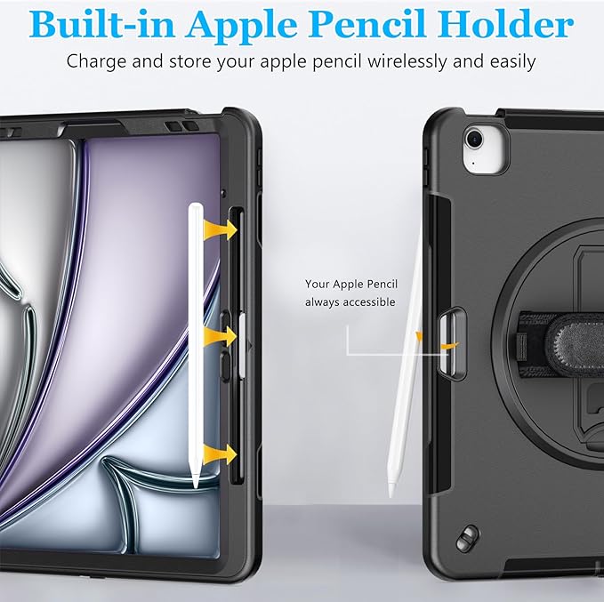 Case for iPad Air 13 Inch M3 2025 & M2 2024: Military Grade Cover for iPad Pro 12.9 6th/5th/4th/3rd Generation W/Screen Protector- Stand- Pencil Holder- Handle- Shoulder Strap- Black