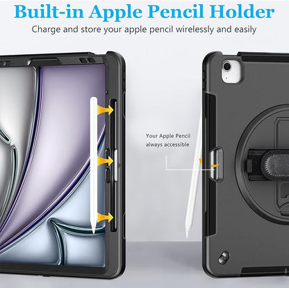 Case for iPad Air 13 Inch M3 2025 & M2 2024: Military Grade Cover for iPad Pro 12.9 6th/5th/4th/3rd Generation W/Screen Protector- Stand- Pencil Holder- Handle- Shoulder Strap- Black