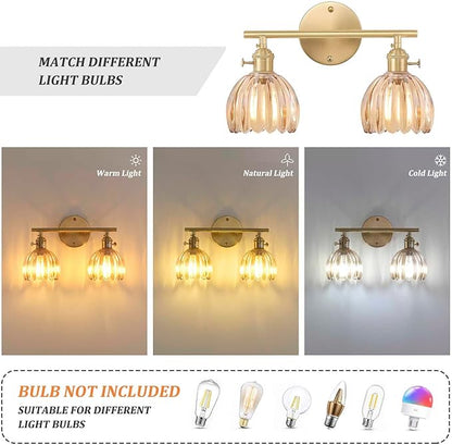 Shenmoyl Bathroom Light Fixtures, 2-Light Brass Vanity Wall Light Over Mirror with Amber Tulip Glass Shade for Bedroom Living Room (Bulb Not Included)