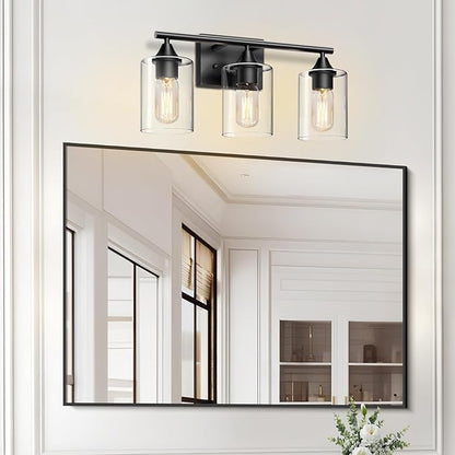 XPEHK Bathroom Lighting Fixtures Over Mirror,3-Light Black Bathroom Vanity Light,Sconces Wall Lighting with Clear Glass Shade,Light Fixture for Bedroom Living Room Vanity Table Hallway
