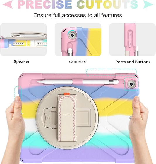 BLOSOMEET Case for iPad 9th/8th Generation 2021/2020 10.2 Inch for Kids Girls Cute w/Tempered Glass Screen Protector & Pencil Holder, iPad 7th Gen 10.2 Cover 2019 Pink w/Stand Hand Shoulder Strap