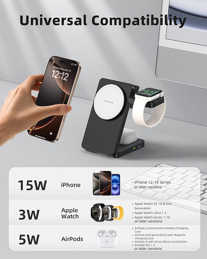 3 in 1 Charging Station for iPhone 16/15/14/13/12 Series, Wireless Charger for Apple Watch，Travel Magnetic Charging Stand for AirPods (Panda Color)