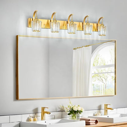 FDPBY Modern Bathroom Vanity Light, 5-Light Gold Wall Sconce with Crystal Accents, Over Mirror Bathroom Lighting Fixture, 42.52" Long Dimmable Vanity Lamp for Makeup, Easy Installation