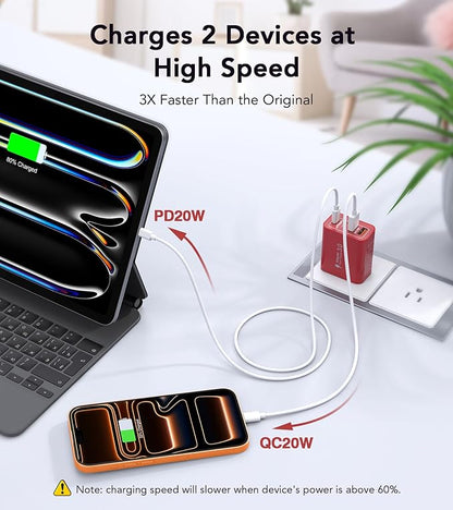 40W USB C Wall Charger, 2-Pack Super Fast Charging Block PD+QC 4 Port Charger Cube for iPhone 17/16,iPad Pro/Mini/Air, iPod Nano, iPod Touch, Switch, Smart Phone, Smartwatches and Tablet(Red)