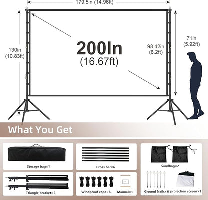 Wootfairy Projector Screen with Stand, 200 inch Portable and Foldable Projection Screen 4K HD 16:9 Rear Front Wrinkle-Free Movie Screen with Carry Bag for Indoor Outdoor Home Theater Backyard Cinema