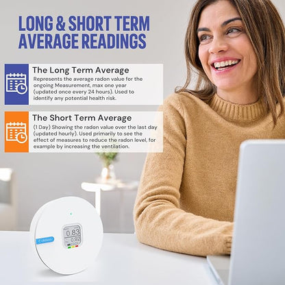 LifeBasis Radon Detector for Home, Portable E-Ink Display Radon Meter with Short & Long Term Monitoring of Radon Levels, Visual Alarm, Switchable Mesurement Unit Bq/m3 or pCi/L, Battery-Powered