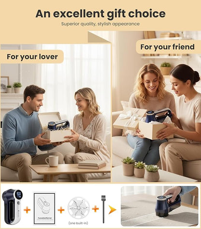Rechargeable Fabric Shaver | 3-Speed Electric Lint Remover | 6 Blades High Eliminates Fuzz & Pilling | with LED Display & Type-C Fast Charging Port | Lint Shaver for Clothes & Furniture - Navy Blue