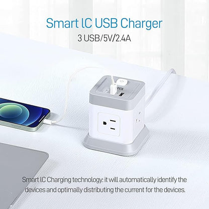 Power Strip with USB C, FDTEK Desktop Power Cube Strip, 10 FT Extension Cord with 4 Outlets and 3 USB, Compact Power Strips Tower for Travel Home Office Cruise Ship - White