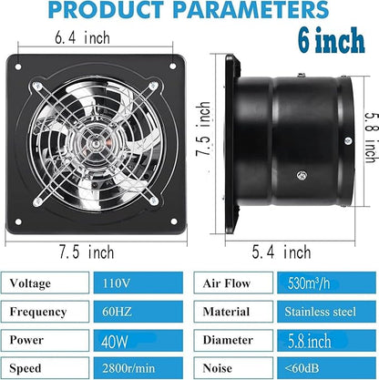 Aydomer Exhaust Fan 40W Through-wall installation Ventilation Fans 110V Exhaust Fan with Plug 6 inch Exhaust Smoke Fan with Pure Copper Motor for Kitchen Shopping Mall (Black)