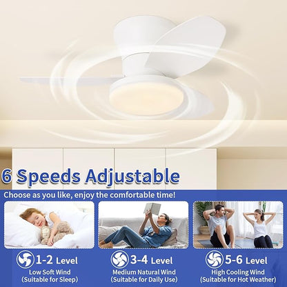 Glowall Small Ceiling Fan with Lights, 25 Inch Flush Mount with Remote Control, Reversible Quiet DC Motor, White, 3 Blades, 6 Speeds, Dimmable LED, Adjustable Color Temperature, Timer