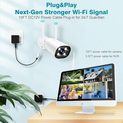 Cromorc Wireless Security Camera System with 16" Monitor Motion Detection Night Vision 2-Way Audio 4 Indoor Outdoor 5MP Camera Expandable 16CH NVR Home Business Surveillance Spotlight Siren 3TB HDD